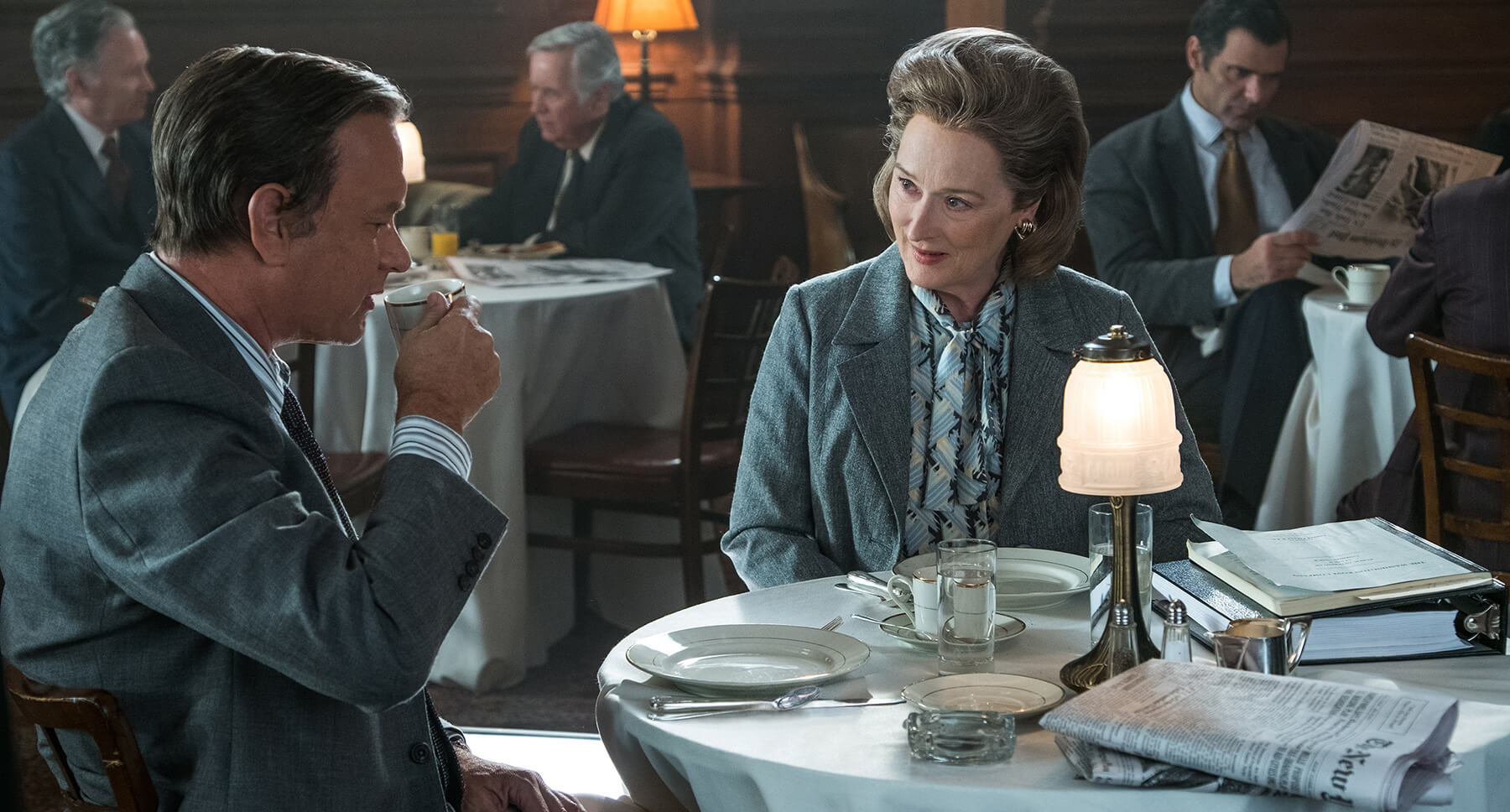 Tom Hanks and Meryl Streep dining in Steven Spielberg's The Post